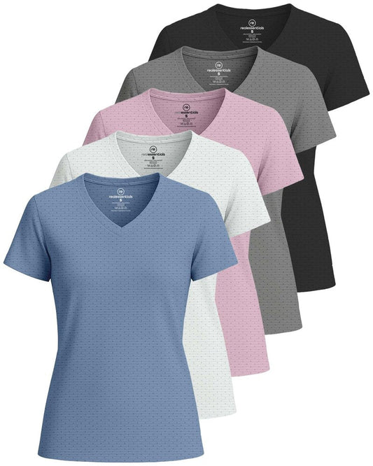 Real Essentials 5 Pack: Women's Short Sleeve Breeze Tech V-Neck T Shirt –Workout Top Wicking Dry Fit Athletic Tee (Plus)
