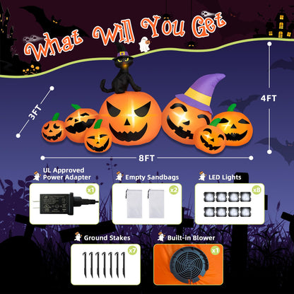 BRDJade 8FT Long Halloween Inflatables Pumpkin Outdoor Decorations, 7 Blow Up Pumpkins Inflatables with Witch Hat & Black Cat Built-in LED Lights for Halloween Party Yard Garden Lawn Decorations