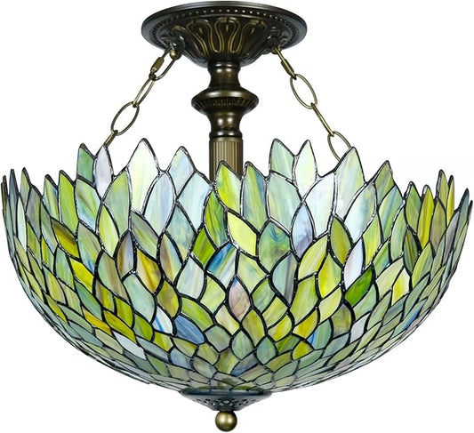 Tiffany Ceiling Light Fixture Green Wisteria Stained Glass Semi Flush Mount Lamp Wide 16 Inch Height 15 Inch Tiffany Ceiling Lamp