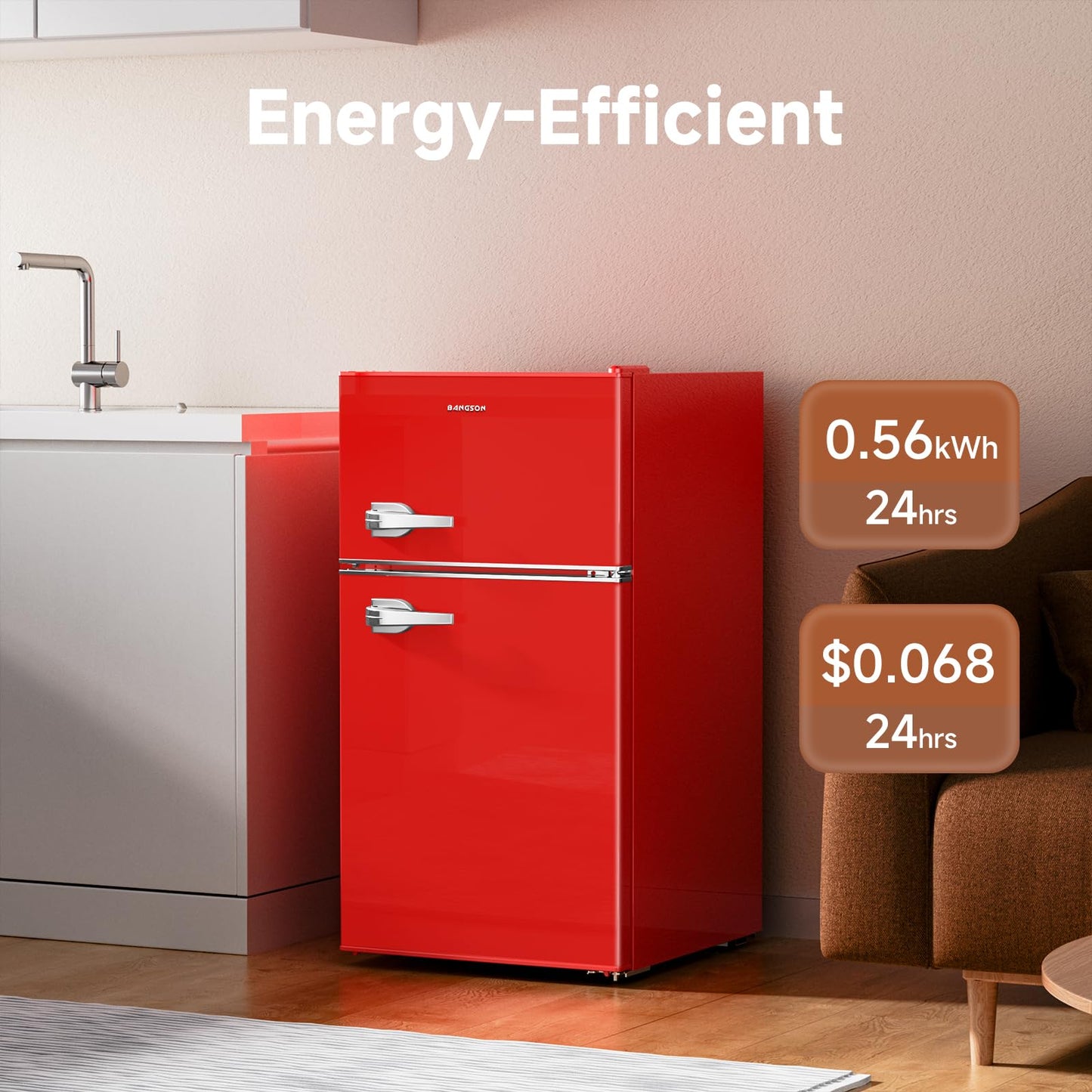 BANGSON Mini Fridge with Freezer, 3.2 CU.FT Small Refrigerator with Freezer, Door Handle, Bottle Opener, For Bedroom, Dorm, Office, Home, Garage or RV, R-600a (Red)