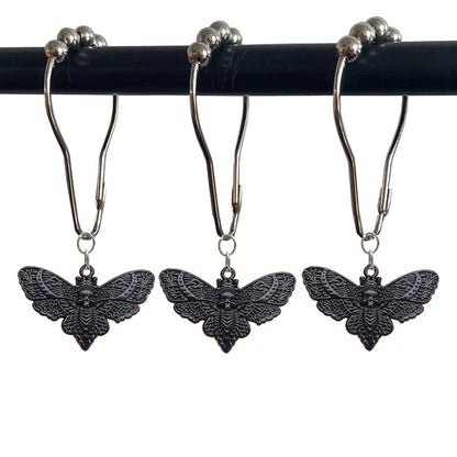 Skull Death's-Head Hawkmoth Shower Curtain Hooks Rings,12Pcs Dead Moth with Skull Face Halloween Rustproof Metal Shower Rings,Gothic Style Insect Theme Home Bathroom Decor
