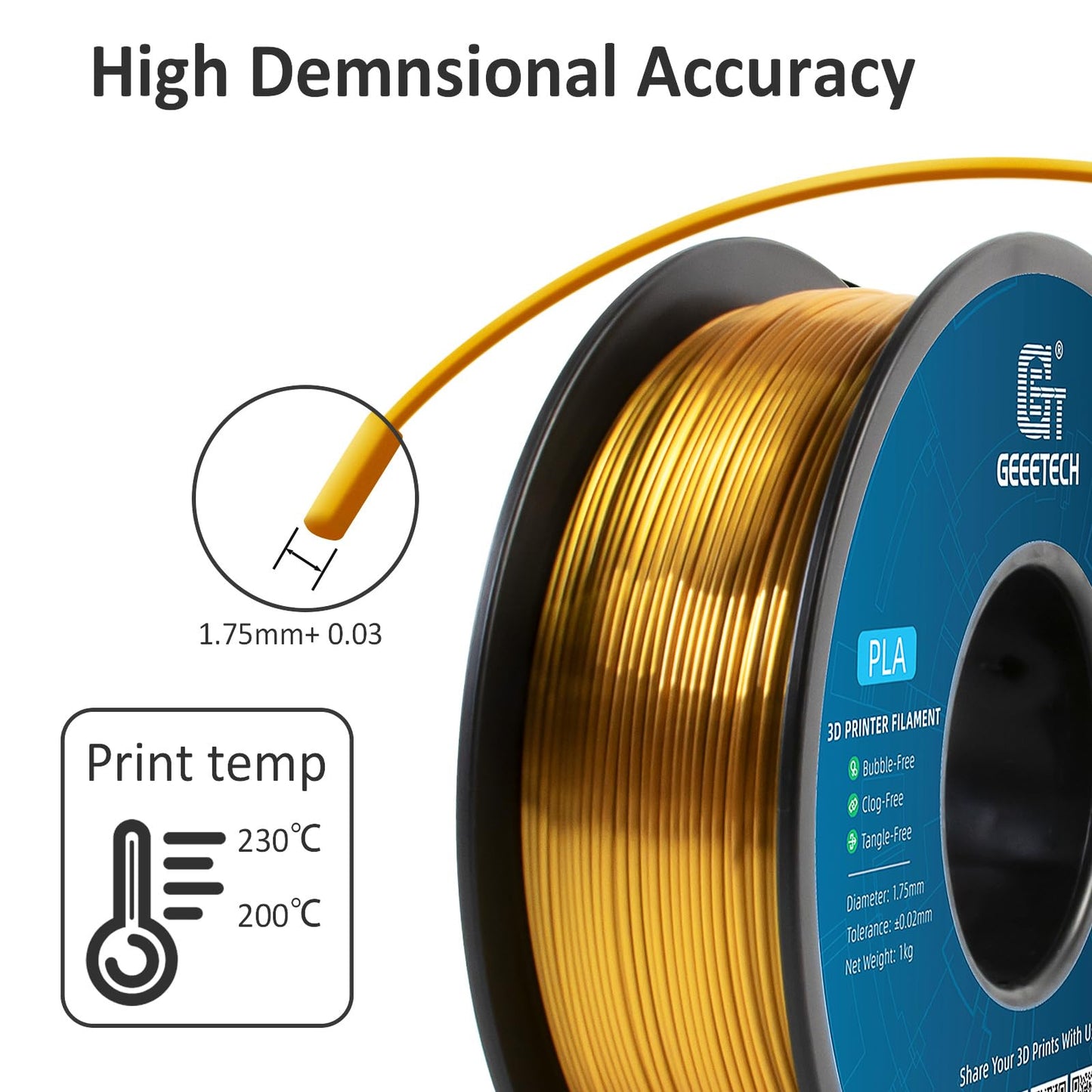 PLA Filament 1.75mm, Silk Style Filament, Geeetech 3D Printer Shine PLA Filament,1kg per Spool,Silk Gold