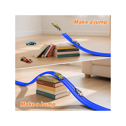 Car Track 5m Includes 4 Cars: KETIEE Flexible Race Track Car Ramp Track Toy Car Race Track Rolls Up Portable Dual Racetrack for Jumps Loops Ramps for 1/64th Cars for Ages 3+, Blue