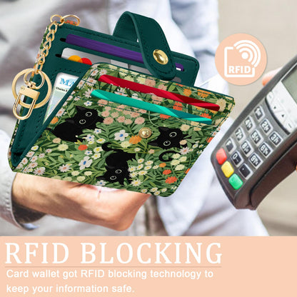 Jogjam Black Cat Floral Rfid Women Wallet, Small Slim Thin Credit Card Wallet, PU Leather Bifold Cash Zipper Coin Pocket ID Window for Female Ladies Teen Girls Girly