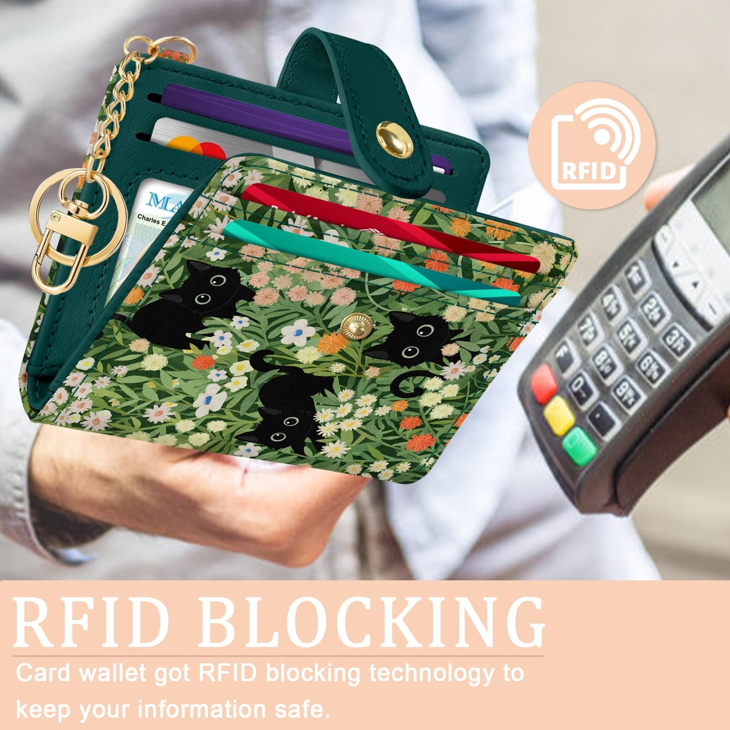 Jogjam Black Cat Floral Rfid Women Wallet, Small Slim Thin Credit Card Wallet, PU Leather Bifold Cash Zipper Coin Pocket ID Window for Female Ladies Teen Girls Girly