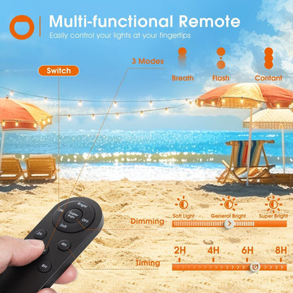 addlon 54FT(48+6) Solar String Lights Outdoor Waterproof with USB Charging & Remote Control - Dimmable Solar Power Patio Lights with LED Bulbs for Porch, Garden, Yard, Market, Bistro - Last for 20+Hrs