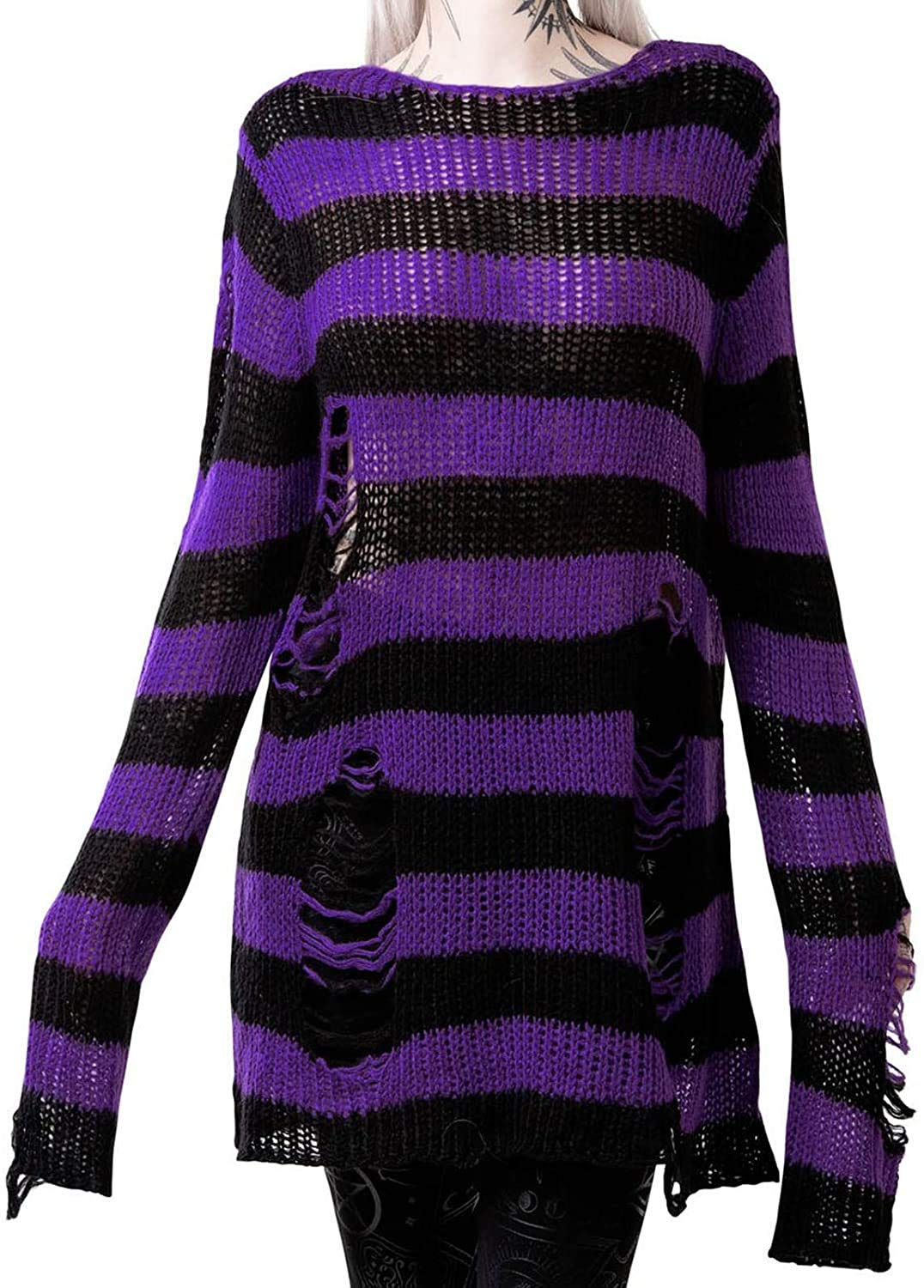 Vinsekep Women's Punk Gothic Sweater See Through Hole Ripped Striped Long Knit Pullover Dress Sweaters Shirt Black Purple Oversize OneSize