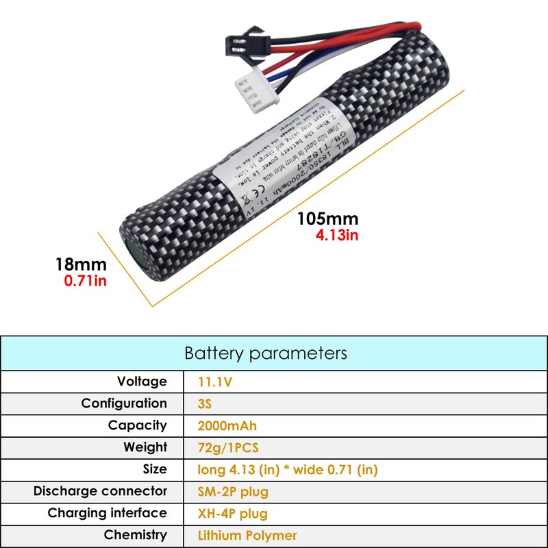 MOONZON 3S 11.1V 2000mAh Li-ion Battery with SM-2P Plug Connector Whith Adapter and USB Charging Cable, Suitable for Airsoft Gel Water Droplet Blaster Air Gun Gel Ball Shock Wave Spare Battery