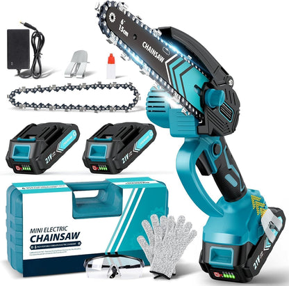 8000mAh Mini Chainsaw Cordless 6 Inch, 2025 Powerful Electric Battery Life of 80-100 Minutes Chainsaw with 2 Chain and Guide Bar,Security Lock, Wood/Tree Saw for Garden Tree Trimming