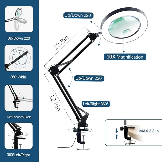 15X &10X Magnifying Glass with Light, 4.3" Real Glass LED Desk Lamp with Clamp, Adjustable Arm Magnifying Lamp, 3 Color Modes Stepless Dimmable Lighted Magnifier Hands Free for Close Work, Crafts