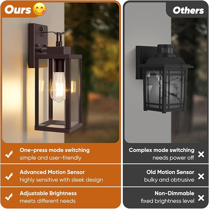 BesLowe 14” Upgraded Motion Sensor Outdoor Wall Lights, Dusk to Dawn Porch Lights Outdoor Wall Sconces, 3 Lighting Modes Exterior Lighting Fixtures with Hooks, Brown Outside Lights for House, 2-Pack