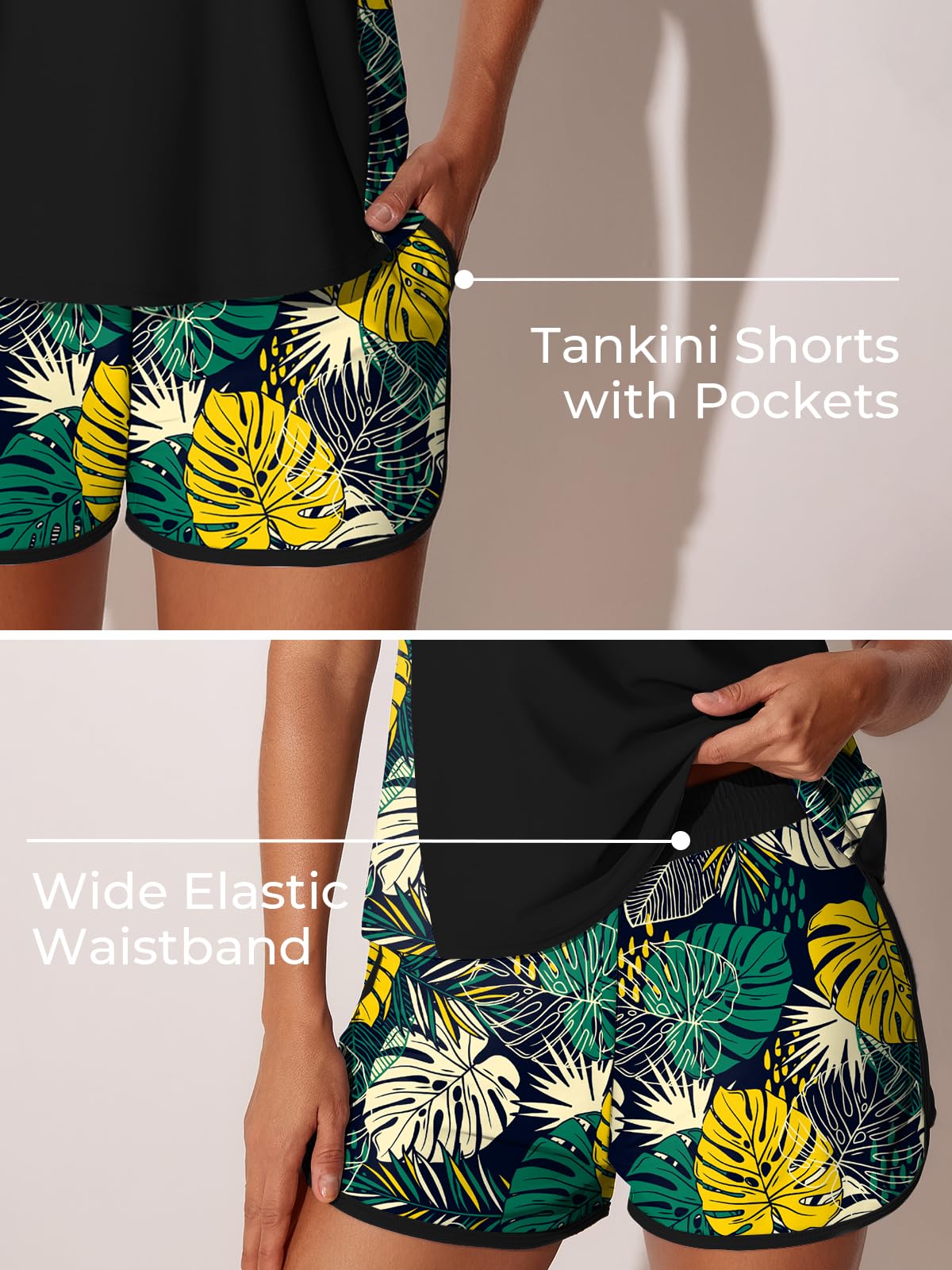 Summer Mae Blouson Tankini Swimsuits for Women 2026 Tummy Control Two Piece Bathing Suits with Sporty Pockets Swim Shorts Yellow Green Monstera Size 12