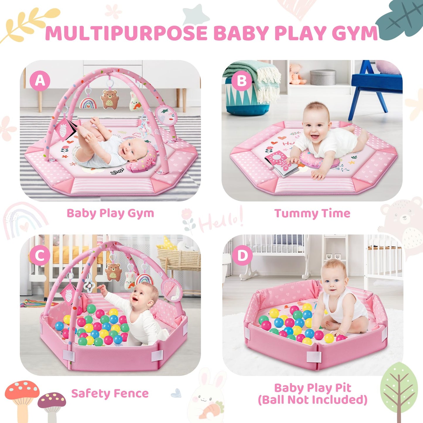 Baby Gym Play Mat, 8-in-1 Tummy Time Mat & Ball Pit with 6 Toys, Washable Baby Activity Mat for Visual, Hearing, Sensory, Motor Development, Baby Gift Newborn Infant 0-3-6-9-12 Months (Pink)