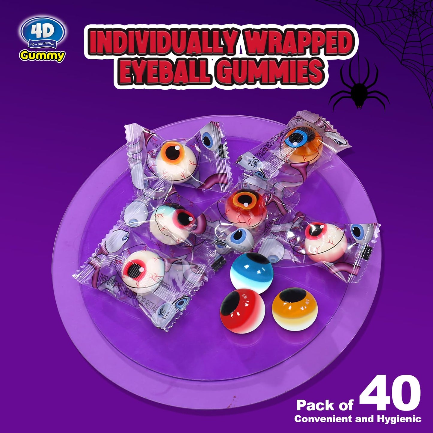 Amos Eyeball Gummy Candy – Halloween Gummy Eye Candy Treats for Kids & Parties, 3D Gummy Eyeballs, Individually Wrapped, 40 Count, 9oz Bag