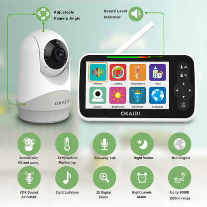 OKAIDI Baby Monitor with Camera and Audio, 5" Large Screen with 30-Hour Battery, 1000ft Range Video Baby Monitor, Remote Pan-Tilt-Zoom Baby Monitor No WiFi, Night Vision, VOX, 2-Way Talk, 8 Lullabies