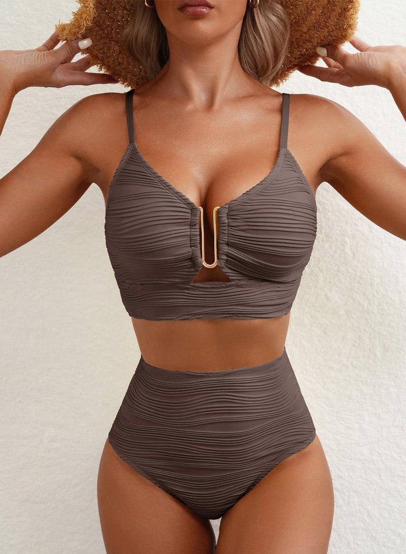 Herseas Women Swimsuits 2 Piece U-Wired Push up Ribbed Ruched High Rise Bikini Sets Longline Crisscross Back Bathing Suits Modest Solid Resort Wear Swim Suit Teen Girls Deep Brown Large