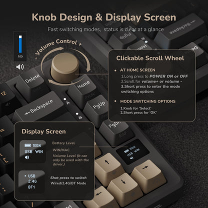 RK ROYAL KLUDGE M75 Wireless Mechanical Keyboard 2.4Ghz/BT5.1/USB-C Gaming Keyboard 75% Layout 81 Keys Gasket Mount with OLED Display & Knob RGB Backlight Hot-Swappable Red Switch, Grey, US Layout