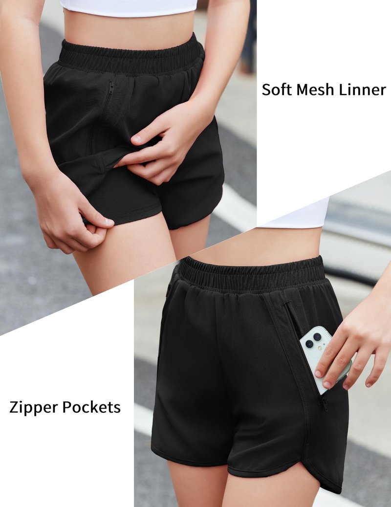 Zaclotre Girls Athletic Shorts with Zipper Pockets High Waisted Running Shorts Soccer Gym Sports Active Short for Kids Black
