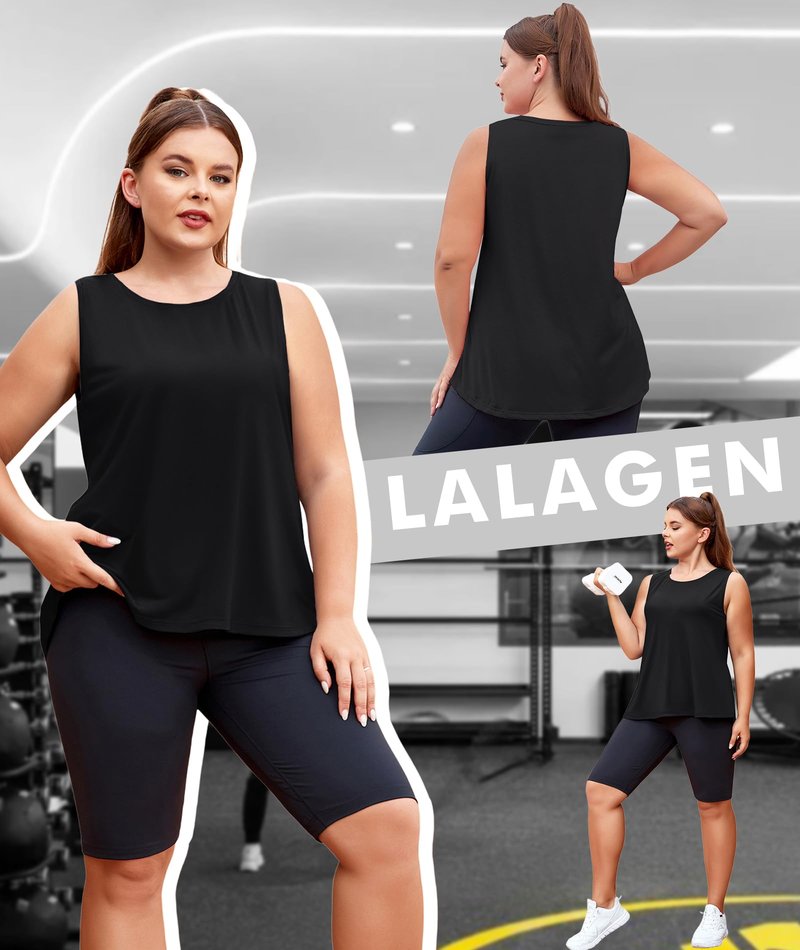LALAGEN Plus Size Womens Workout Tank Tops Sleeveless Summer Loose Fit Flowy Yoga Athletic Running Shirts Black XL