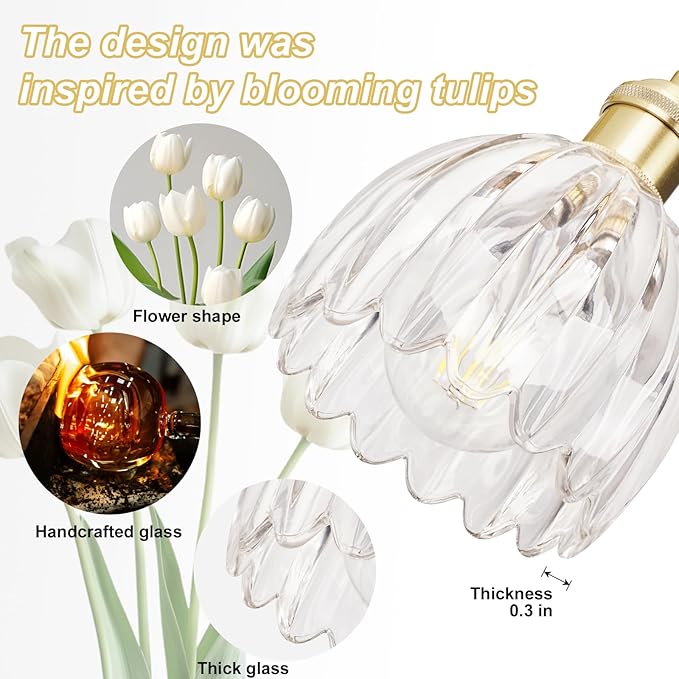 Vintage Bathroom Light Fixtures,3-Light Hardwired Vanity Lights Over Mirror,Gold Wall Sconces with Clear Tulip Glass Shade for Bathroom Living Room,E26 Socket(Bulbs Not Included)