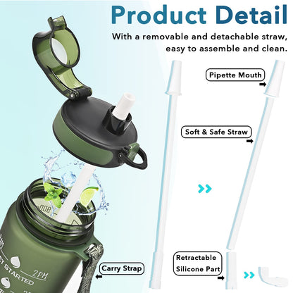 Enerbone 32 oz Water Bottle, Leakproof BPA & Toxic Free, Motivational Water Bottle with Times to Drink and Straw, Fitness Sports Water Bottle with Strap for Office, Gym, Outdoor Sports, Hunter Green