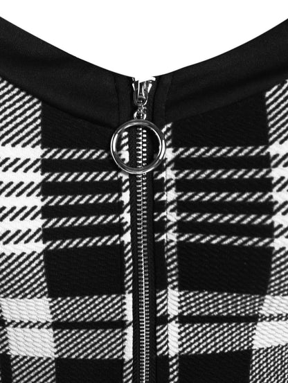 Rosegal Gothic Lace Up Plaid Half Zipper Fit and Flare Gothic Dress(White_1/2X)