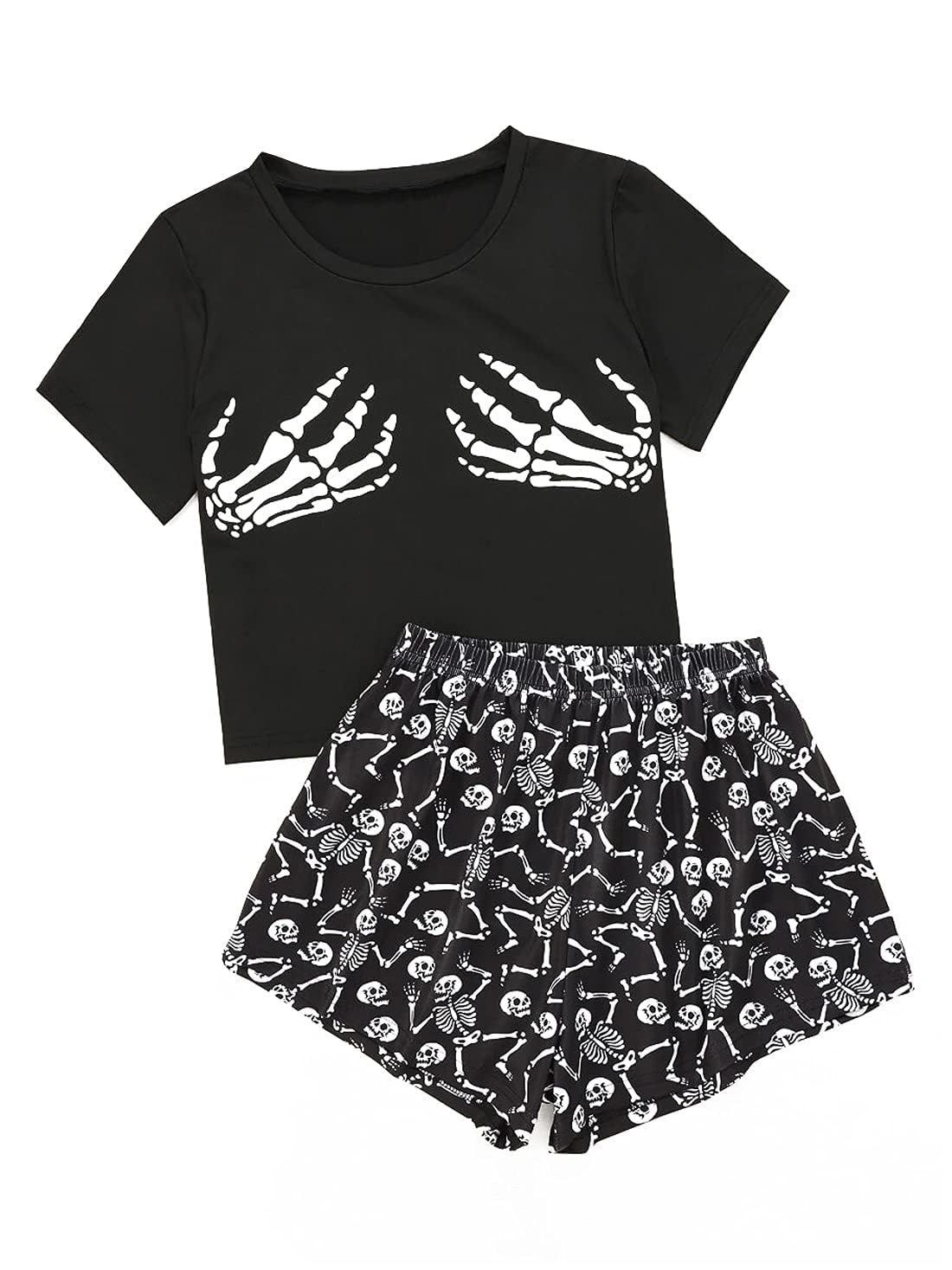 Laqeyko Halloween Pjs Women Skeleton Pajamas Sets Short Sleeve Crop Tee Shirt Top And Shorts Two Pieces Sleepwear Sets M