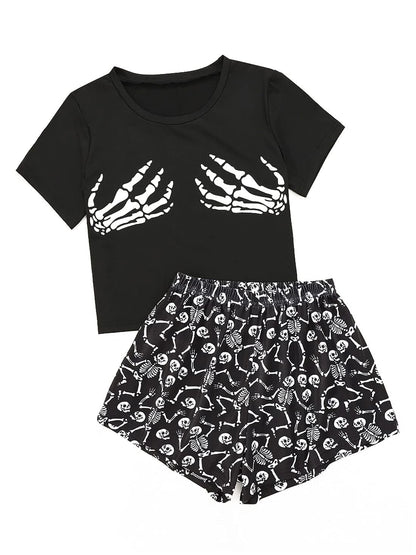 Laqeyko Halloween Pjs Women Skeleton Pajamas Sets Short Sleeve Crop Tee Shirt Top And Shorts Two Pieces Sleepwear Sets M