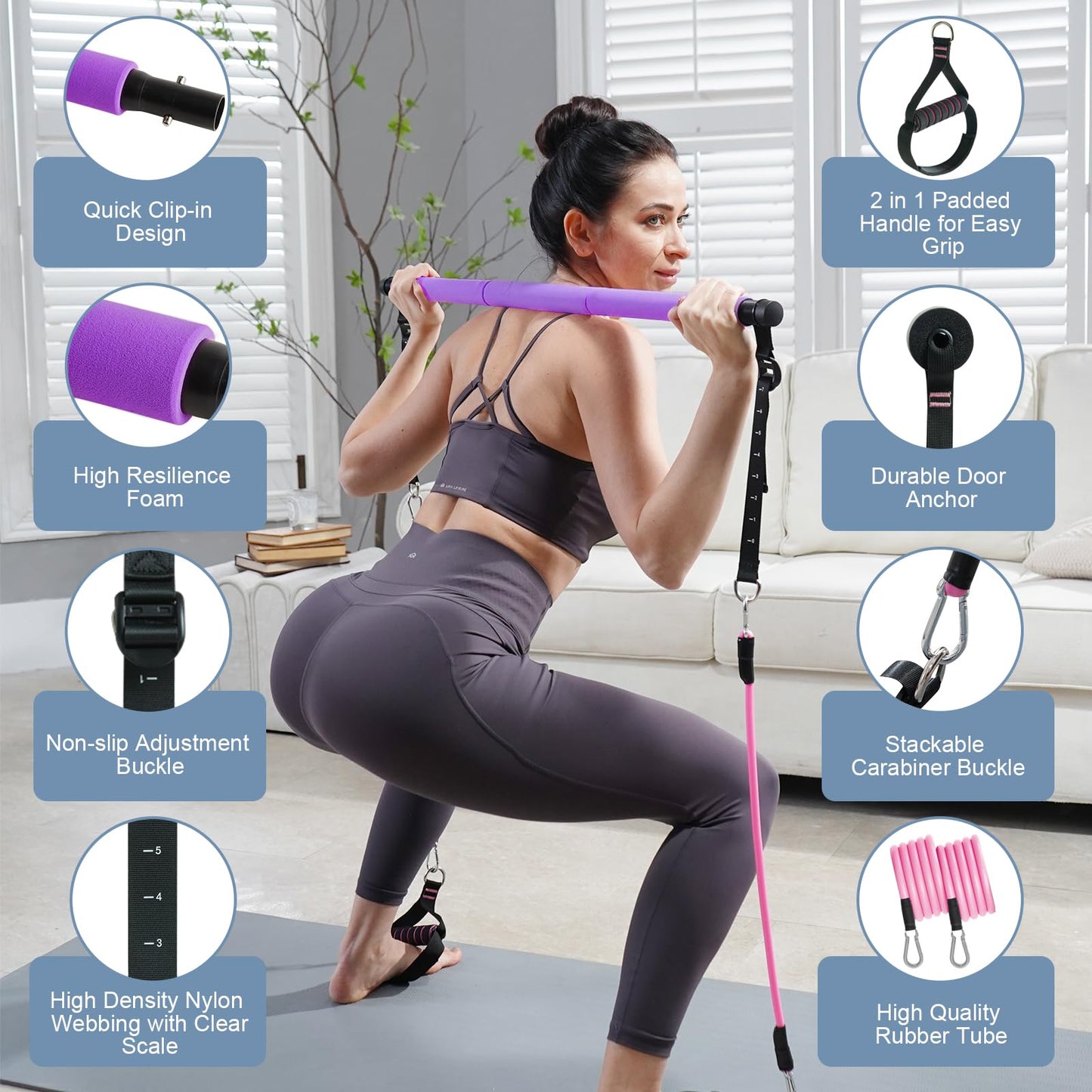 kisnbld Pilates Bar Kit with Resistance Bands, Multifunctional Pilates Bar with 3 Set Exercise Resistance Bands, Portable Pilates Equipment for Women Home Gym Yoga Workouts