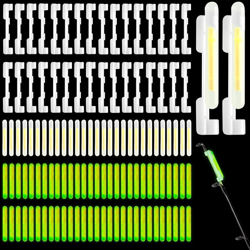 Fishing Glow Sticks - 200PCS Mini Green Rod Tip Lights for Night Fishing | Includes 40 Attachments Clips