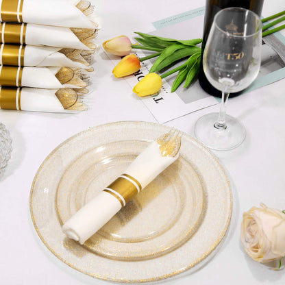 DaYammi 350 Pieces Gold Glitter Dinnerware Set 50 Guest for Party- 50 Dinner Plates, 50 Dessert Plates -50 Per Rolled Napkins with Gold Cutlery - 50 Disposable Cups 9 OZ