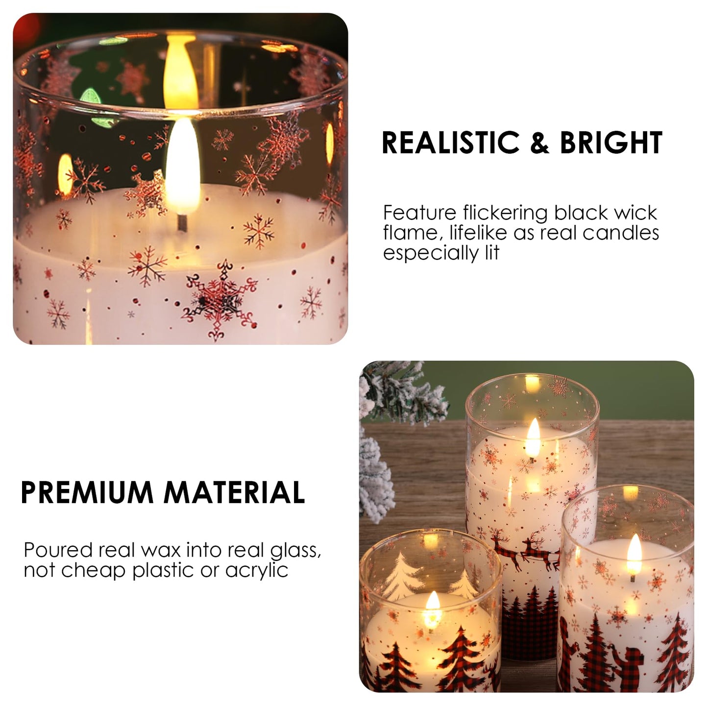 Eywamage Red Buffalo Plaid Glass Flameless Candles with Remote, Flickering Real Wax Christmas LED Pillar Candles Set of 3