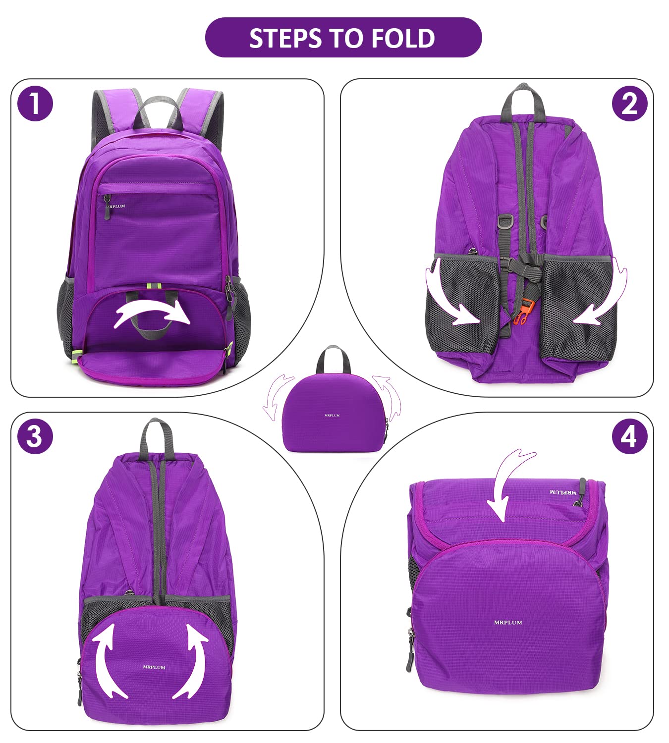 MRPLUM 30L Rucksack Foldable Ultralight Packable Backpack, Unisex Durable Handy Daypack for Travel & Outdoor Sports Durable & Waterproof (Purple)