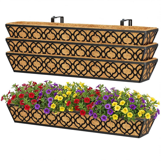 Y&M 36 Inch Window Deck Planter with Coco Liner, Metal Hanging Flower Boxes for Fence, Railing, Balcony, and Outdoor Garden Lawn – 4pcs