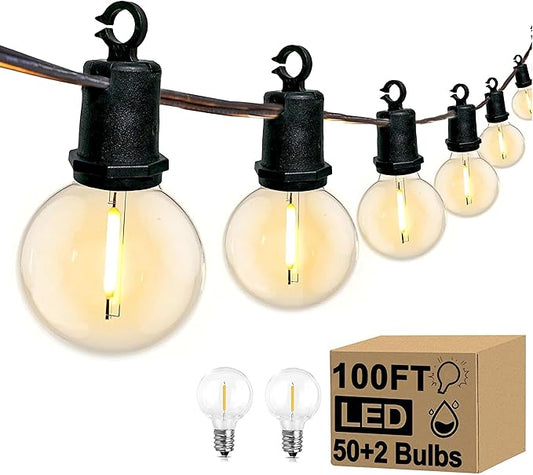 100Ft LED G40 Globe Outdoor String Lights Waterproof Patio Lights with 52 Shatterproof Warm White Bulbs(2 Spare), Hanging Outdoor Light for Backyard Balcony Wedding Christmas Party Decorations, Black