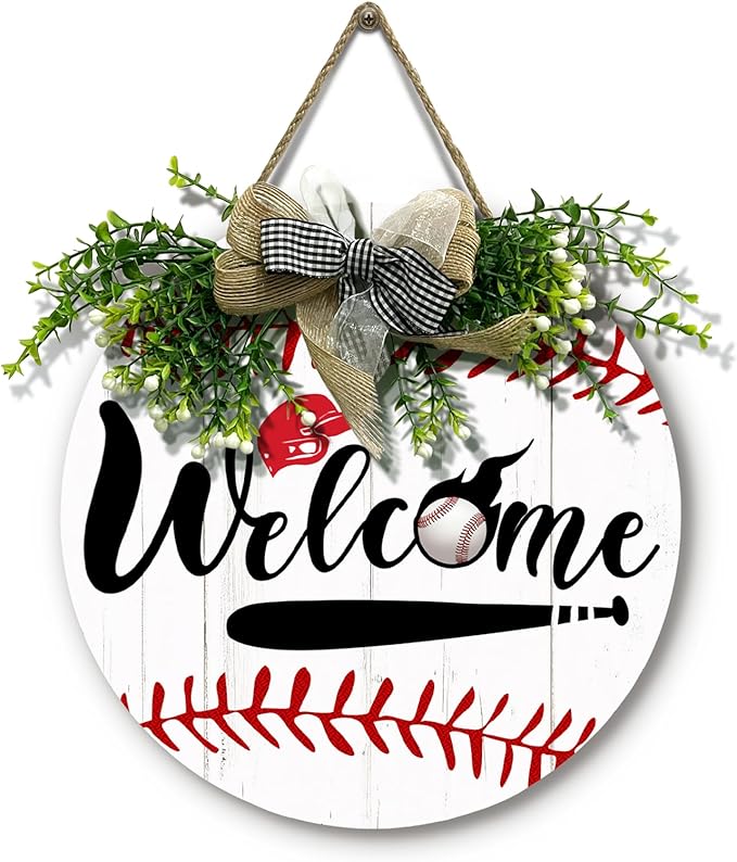 Baseball Door Sign Welcome to the Baseball Game Hanging Sign With Wreath And Bow Baseball Bat Ballfield Round Wooden Front Door Sign for All The Seasons Sport Farmhouse Decor 12x12 Inch