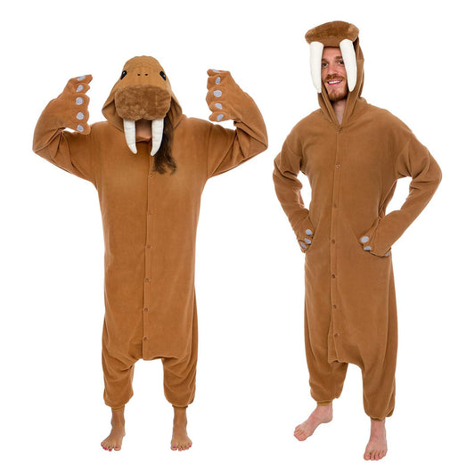 Funziez! Adult Onesie Halloween Costume - Animal Dinosaur Shark - Unisex Plush One Piece Cosplay Suit for Adults, Men and Women (Large, Walrus)