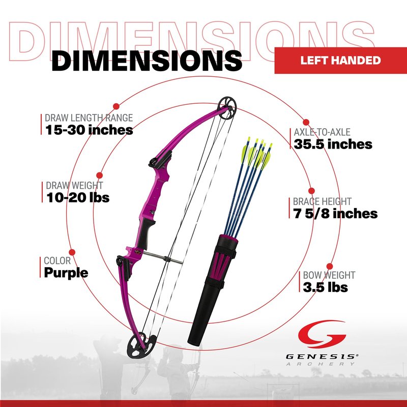 Genesis Original Compound Bow & Arrow Kit- Adjustable Riser, 15"-30" Draw Length, 10-20 lb Draw Weight, All Skill Levels, Draw Hand - Left, Purple