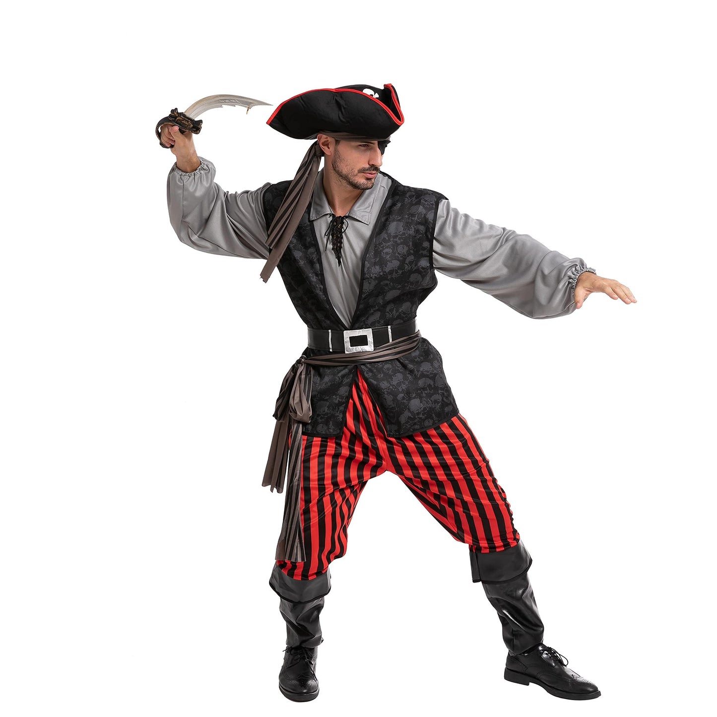 Spooktacular Creations Men Pirate Costume, Adult Grey Pirate Shirt Vest Viking Pants Hat Accessories Set for Halloween Themed Trick or Treating Cosplay Parties (Large)