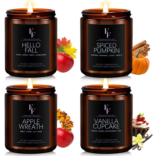 Fall Candles Set, 4 Pack Candles for Home Scented Natural Soy Wax, Autumn Gifts Set for Women Men, Fall Fragrance of Spice/Vanilla Cupcake/Apple Wreath/Hello Fall