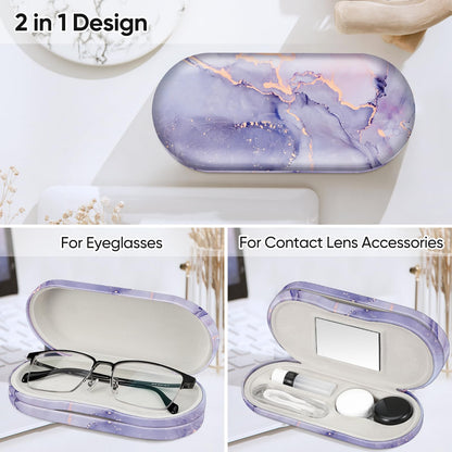 Fintie 2 in 1 Contact Lens Case and Eyeglasses Case, Double Sided Portable Eyeglasses Travel Holder with Built-in Mirror, Tweezer and Contact Lens Solution Bottle Included, Lilac Marble