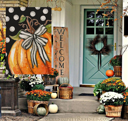 Fall Pumpkin House Flag for Outdoor 28x40 Double Sided,Seasonal Pumpkin with Bowknot White Dots Yard Flags for Outside,Holiday Decorative House Flag for Thanksgiving Farmhouse Autumn Décor