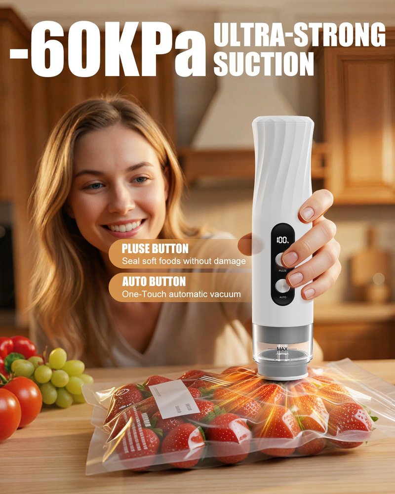 RIWUSI Portable Vacuum Sealer for Food with Visible Water Tank, 60kPa Powerful Handheld Vacuum Sealer Machine, One-Touch Auto Seal & Pulse Mode for Delicate Foods, Includes 20 Reusable Bags