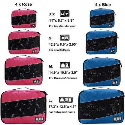 Packing Cubes Luggage Bags Organizer Durable Travel Accessories With Clothing Label, 8 Set - Rose/Blue, OneSize