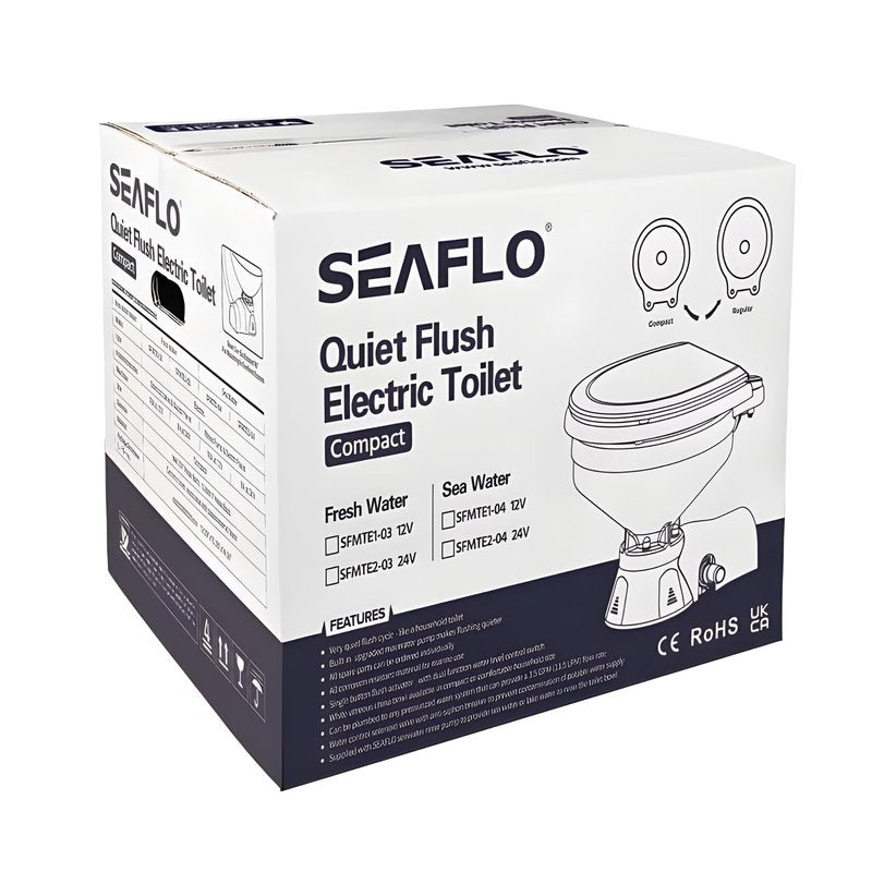 SEAFLO Quiet Flush Electric Marine Toilet - Fresh Water Rinse, 12V, Solenoid Valve, Ceramic Bowl, Soft Close Seat, Macerator Pump, 3-Way Switch Panel, Boat Yacht Toilet, 4-Year Warranty