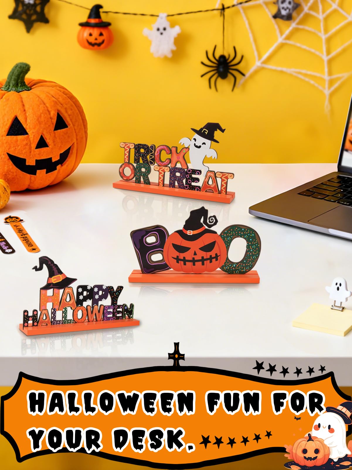 3Pcs Cute Halloween Table Decor Centerpiece Signs - Wooden Happy Halloween/Trick or Treat/Boo Indoor Decorations Gifts for Home Party, Office Desk, Kitchen, Tiered Tray