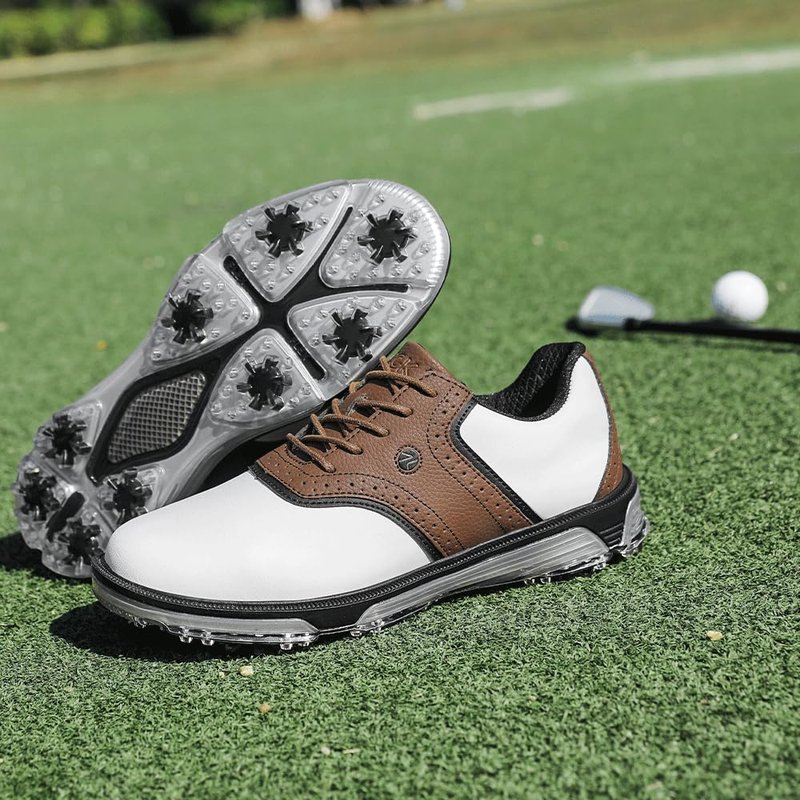 DARIBOM Mens Golf Shoes Traditions Fixed Nailless Sole Waterproof Spikeless Size 13(Brown)