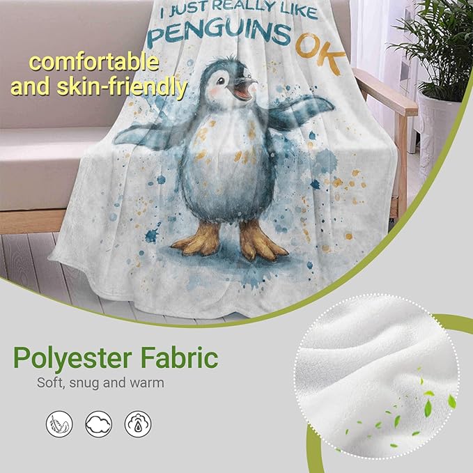 Cute Penguin Lightweight Throw Blanket, Watercolor Cartoon Animal with Splash Ink, Warm Soft Cozy Flannel Blankets, Couch Dorm Home Decor All Season Use, 80x60in, White, Gifts for Kids Girls