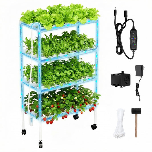 Hydroponics Growing System Kit with Wheels, 108 Plant Sites Gardening Aquaponics Tower, 4-Tier Food-Grade PVC-U Pipes Water Pump Timer for Leafy Vegetables, Indoor, Outdoor (34"x62"x15" in 108 Holes)