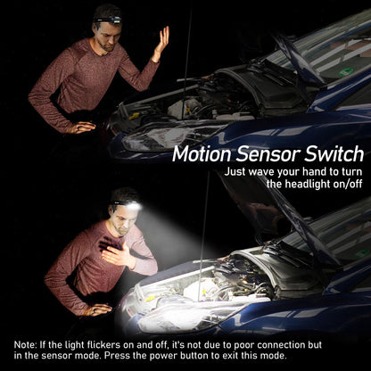 Blukar Headlamp Head Torch Rechargeable, Super Bright Lightweight Waterproof LED Headlight with Red Warning Lights, 8 Light Modes, Motion Sensor Control, 30 Hrs Runtime for Running, Hiking etc.